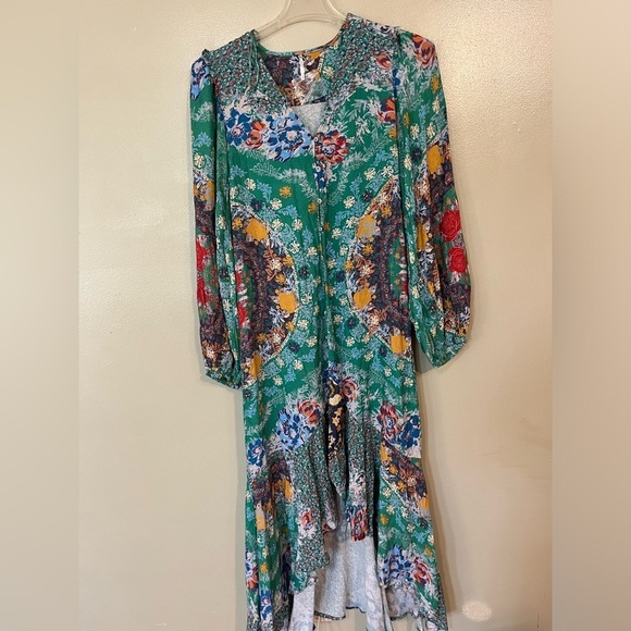 Free People Womens Marais Printed Boho Emerald Combo Button Up Maxi Dress XS - Picture 1 of 15